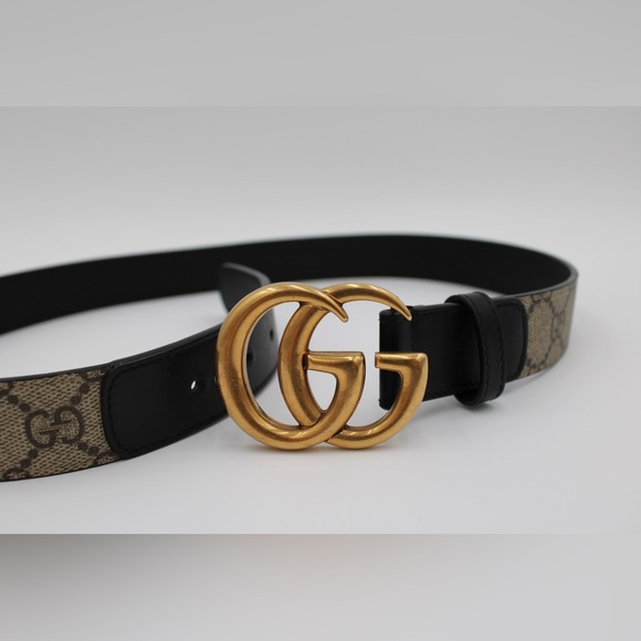 Gucci Black and Cream Belt with Gold GG Buckle - Picture 6 of 8